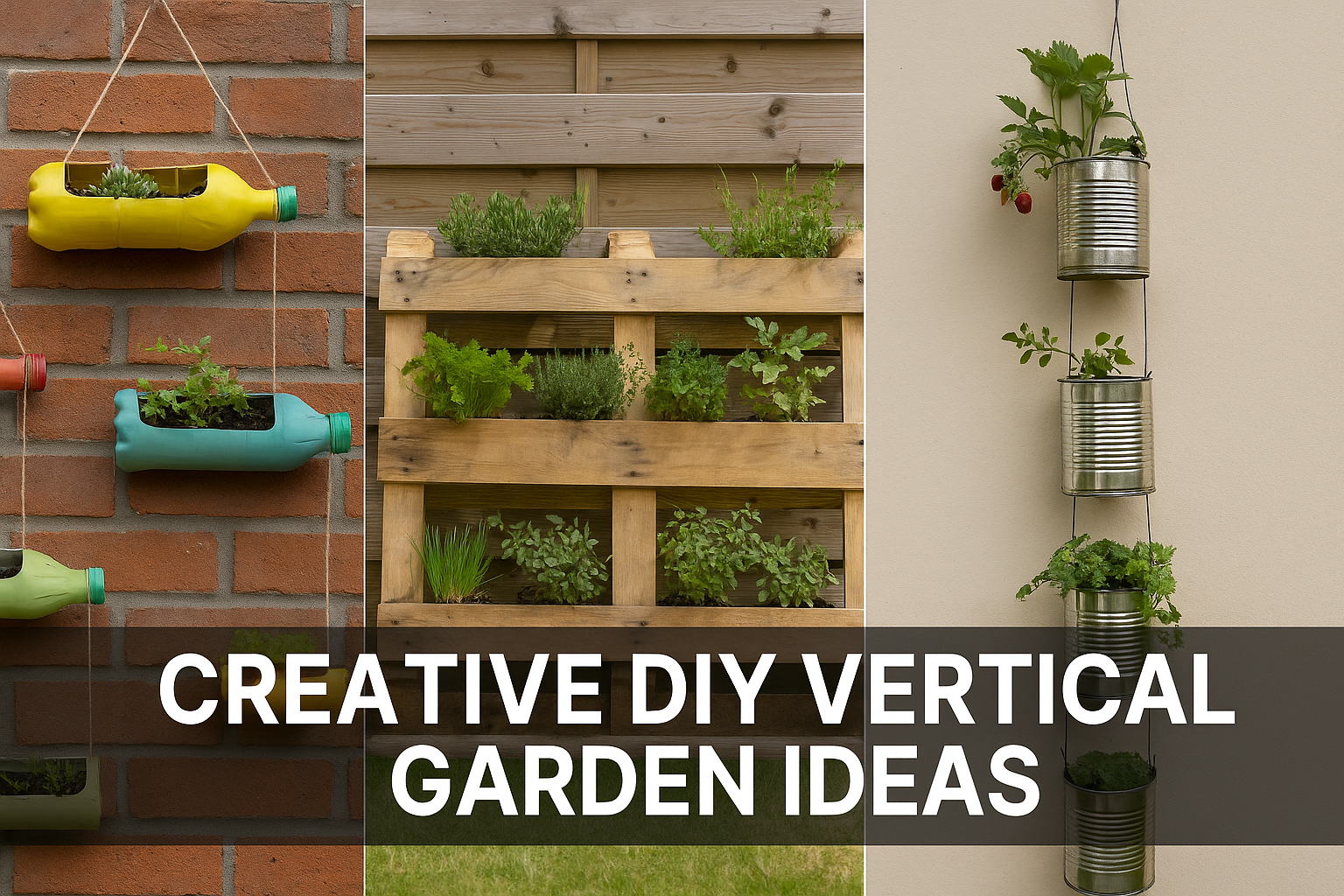 Creative DIY Vertical Garden Ideas Featuring Colorful Plastic Bottle Planters, Wooden Pallet Herb Garden, and Hanging Tin Can Planters for Small Spaces